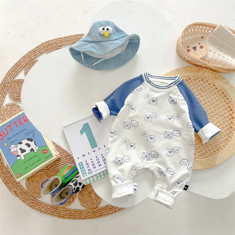

MILANCEl Autumn Baby Romper Cartoon Bear Blue Long Sleeve One Piece 0-2Y