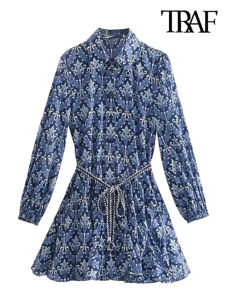 

TRAF Women Fashion With Belt Printed Ruffled Mini Dress Vintage Long Sleeve Button-up Female Dresses Vestidos Mujer