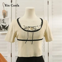 rin confa chic frenulum bowknot top women women lace join together round collar t shirt thin short sleeves knitting tops