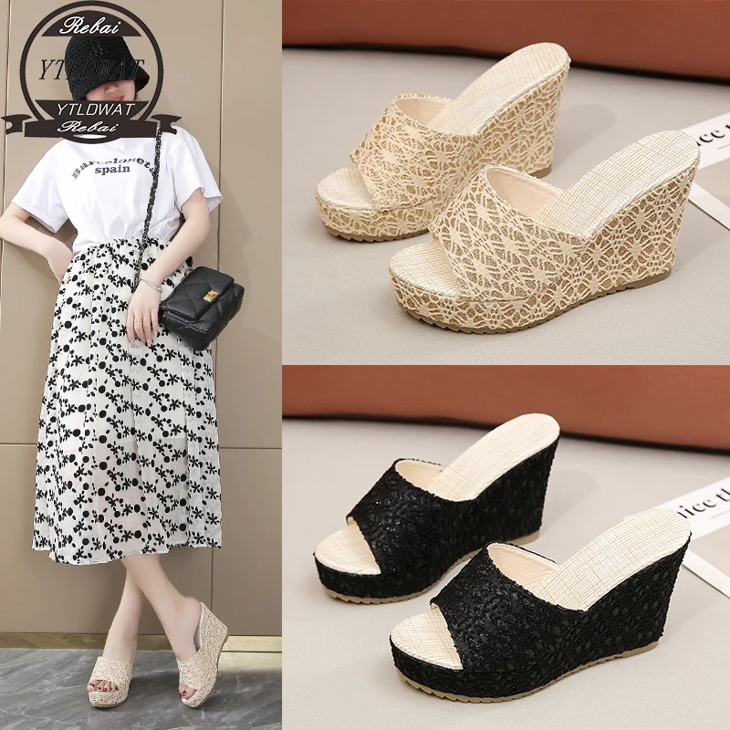 

Sexy Temperament Ladies High-Heeled Slippers Waterproof Platform Summer Fashion 11 Cm Wedges Beach Shoes For Outer Wear