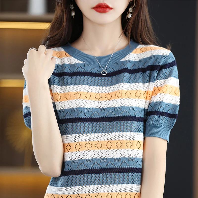 

100% cotton T-shirt women's round neck short sleeves casual knitted loose stitching pullover vest spring and summer fashion tops