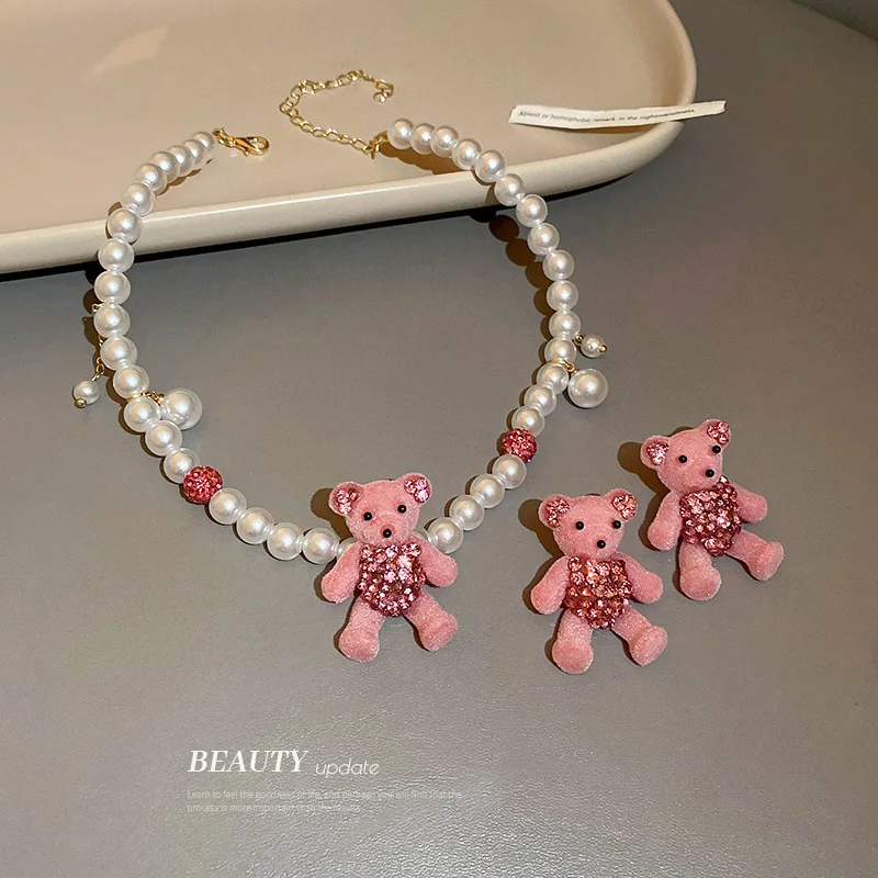 

LOVOACC Cute Lovely Pink Color Rhinestones Plush Cartoon Bear Pendant Necklace for Women Simulated Pearl Beads Chokers Necklaces