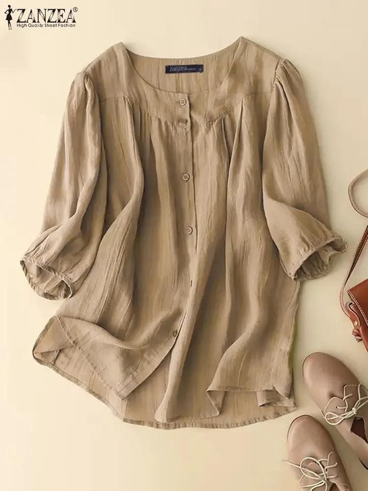 

ZANZEA Casual Loose Women Blouses 2023 Summer Short Sleeve Shirts Vintage Round Neck Solid Color Chemise Pleated Spliced Tops