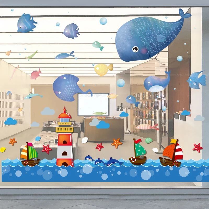 

[SHIJUEHEZI] Ocean Fish Wall Stickers DIY Lighthouse Boats Wall Decals for Kids Rooms Baby Bedroom Bathroom Home Decoration