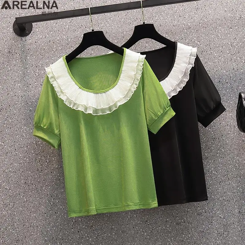 

2022 Summer Korean Fashion Ruffled Square Neck Knitted T shirt Women Short Sleeve Elegant Ladies loose T Shirts Tops Femme 5XL