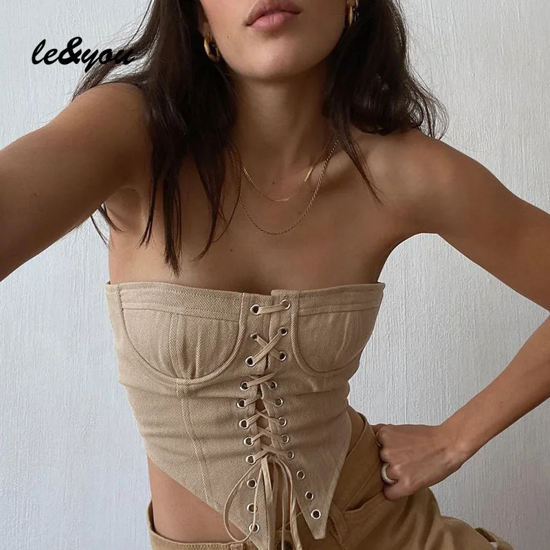 

Woman Clothes Canvas Sexy Dew Shoulder Solid Color Slim Bandage Close-fitting Backless Jean Short Corset Top Gothic Fashion