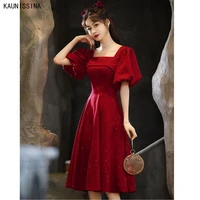 kaunissina simple homecoming dresses short sleeves square collar cocktail dress short a lin formal prom gown robe vestidos