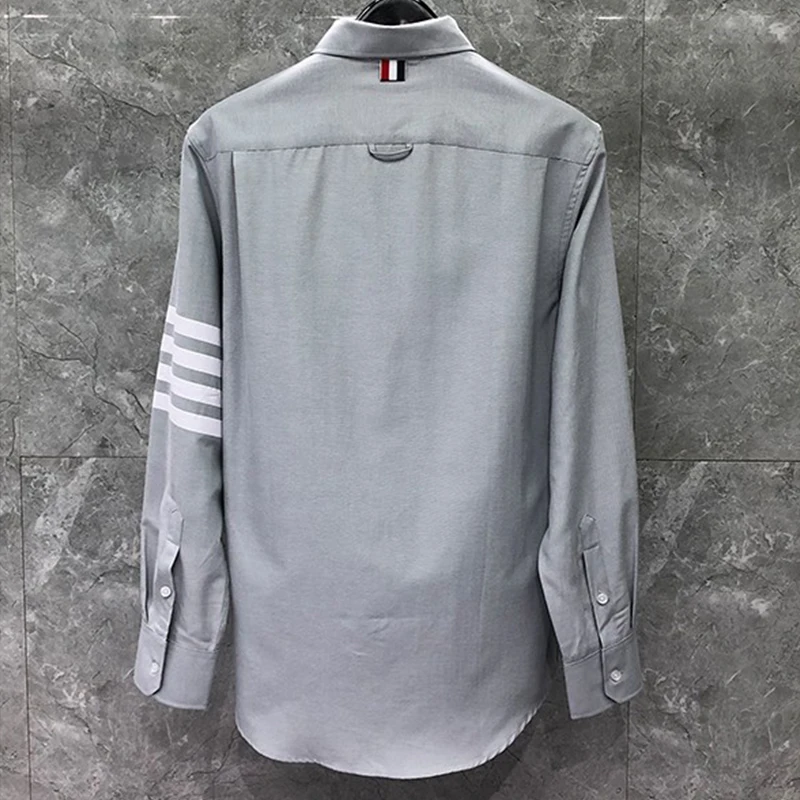 TB THOM Shirt Men Office Casual  Long Sleeve Oxford Solid Men Slim White Bar Design Shirt Thin Grey TurnDown Collar Mens Shirt