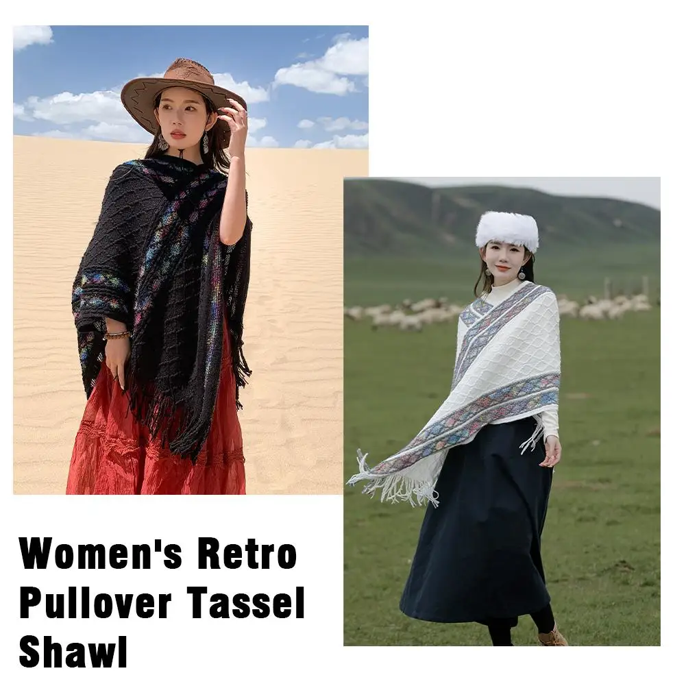 

Women's Retro Pullover Tassel Shawl Retro Ethnic Style Cape Pullover Cape Wear Knitted Coat Yunnan Tassel Outwear Tourism S R5O7