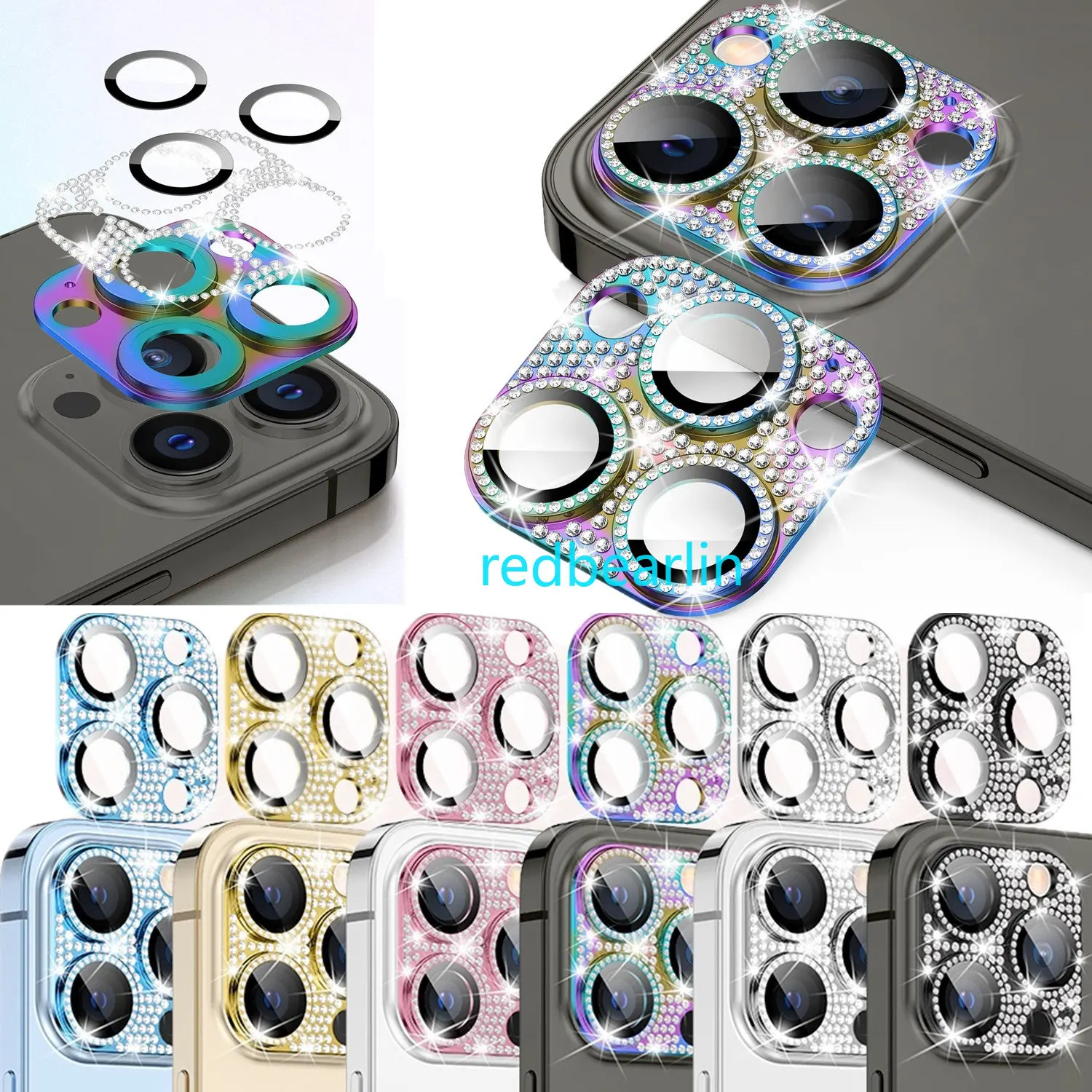 20pcs 3D Camera Lens Protector Bling Glitter Diamond Metal Lens Cover Glass Screen Protector For Iphone 11 12 13 14 Pro max