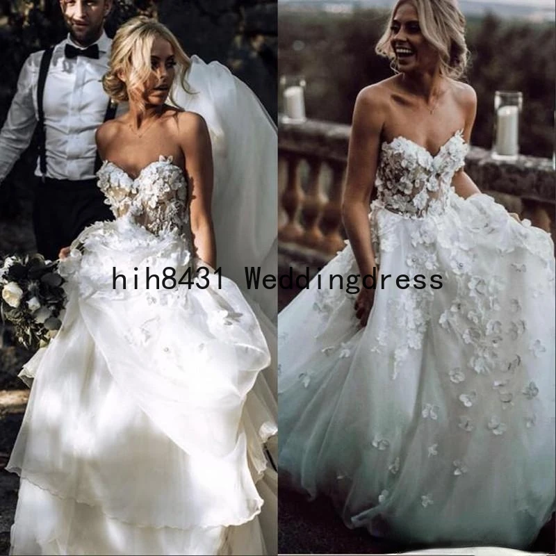 

Sexy Sweetheart A Line Wedding Dresses Zipper Back Sweep Train 3D Lace Seaside Bridal Gowns Beach robes de mariée