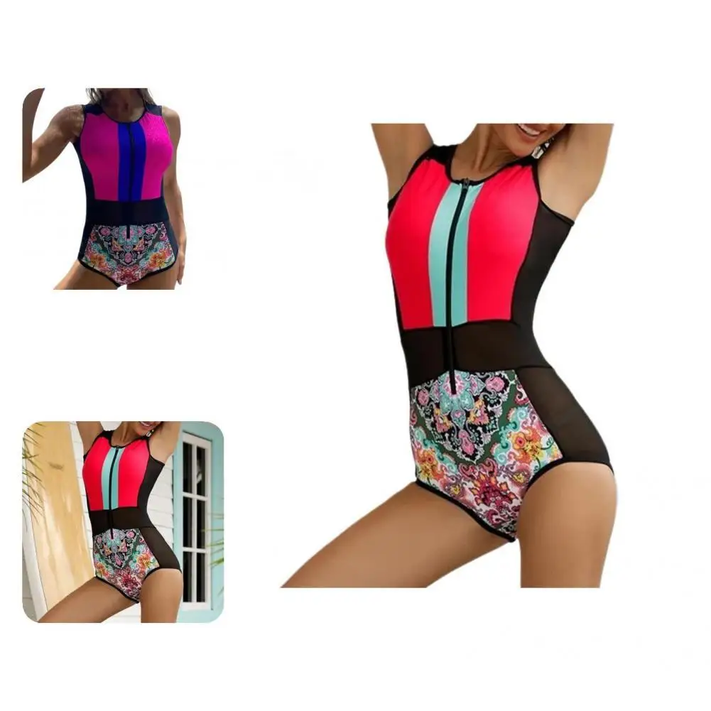 

Zipper Chic Print Summer Swimsuit Padded Bathing Suit Conservative for Spa