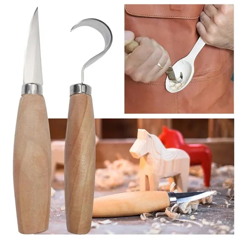 

1pcs/2pcs New Stainless Steel Woodcarving Cutter Woodwork Sculptural DIY Wood Handle Spoon Carving Knife Woodcut Tools Kit