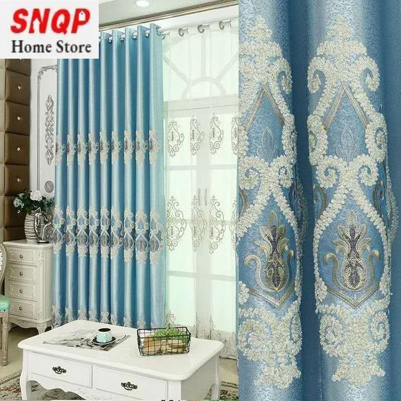 

Rose Jacquard Curtain Living Room Dining Room Bedroom Balcony European Embroidered Blackout Custom Blue Gray Pink Gauze Curtain