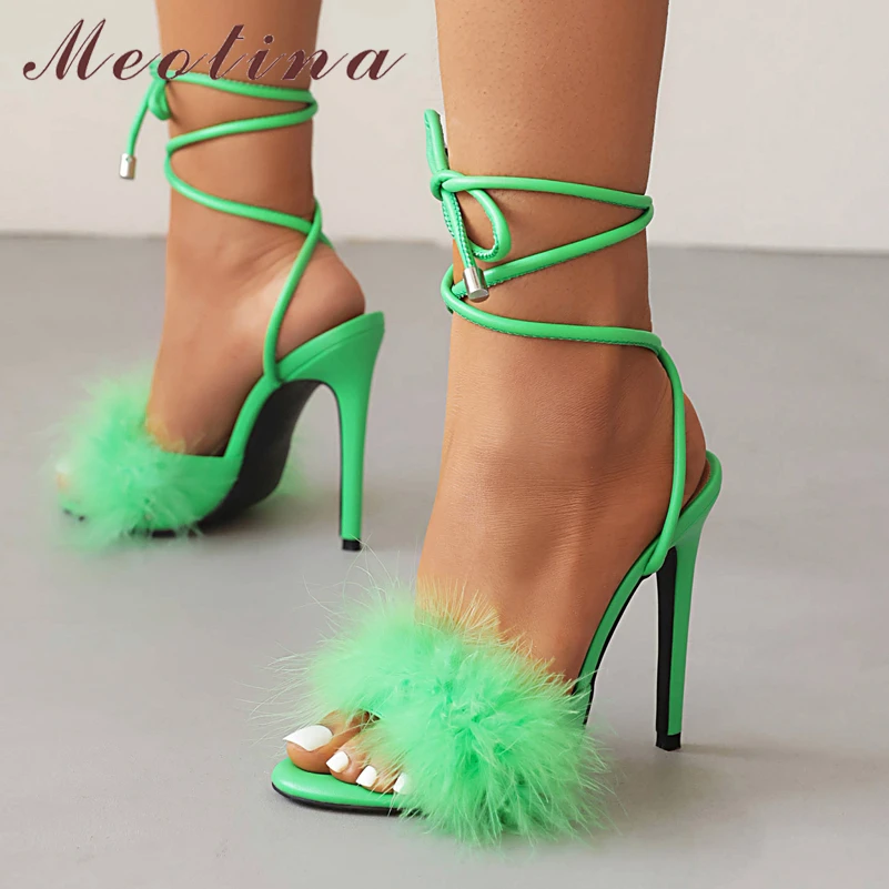 

Meotina Shoes Women PU Leather Cross Strap Sandals Square Toe Thin Super High Heels Lace Up Ladies Sandals Summer Black Green 43