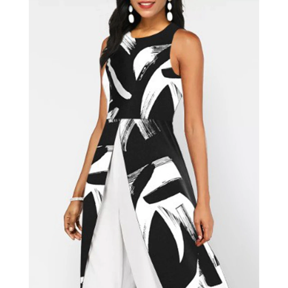 Casual Women Print High Slit Sleeveless Wide Leg  Jumpsuits 2023 Lady Summer Asymmetrical Ruched One-Piece Jumpsuit Overalls