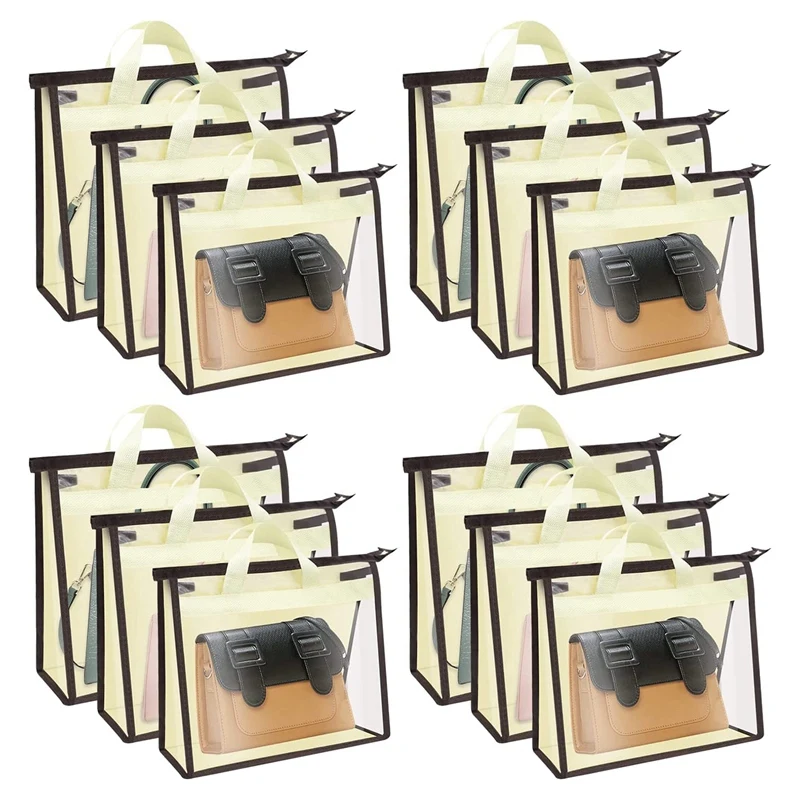 

12 Pack Dust Bags For Handbags, Purse Storage Organizer, Clear Handbag Storage With Zipper And Handles, Beige