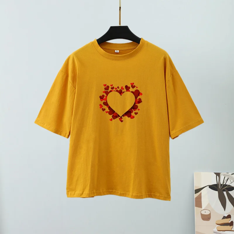 Short Sleeve T-shirts Women Heart Print O-neck Soft Casual Female Tees T-shirt 2022 New Summer Loose Fashion Basic Ladies Tops |