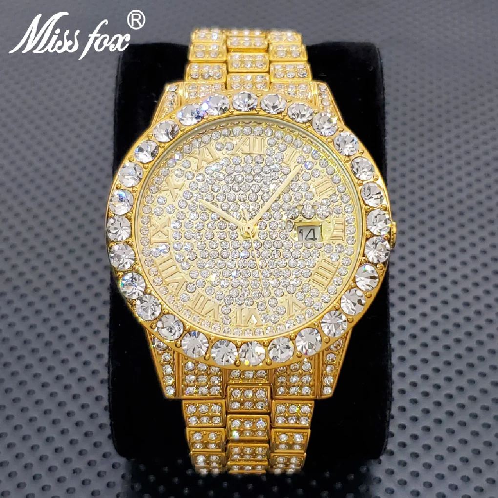 

Hot Luxury Men Diamond Watch Genuine MISSFOX Brand Quartz Wristwatch Hip Hop 18K Gold Male Stainless Steel Waterproof Clock Gift