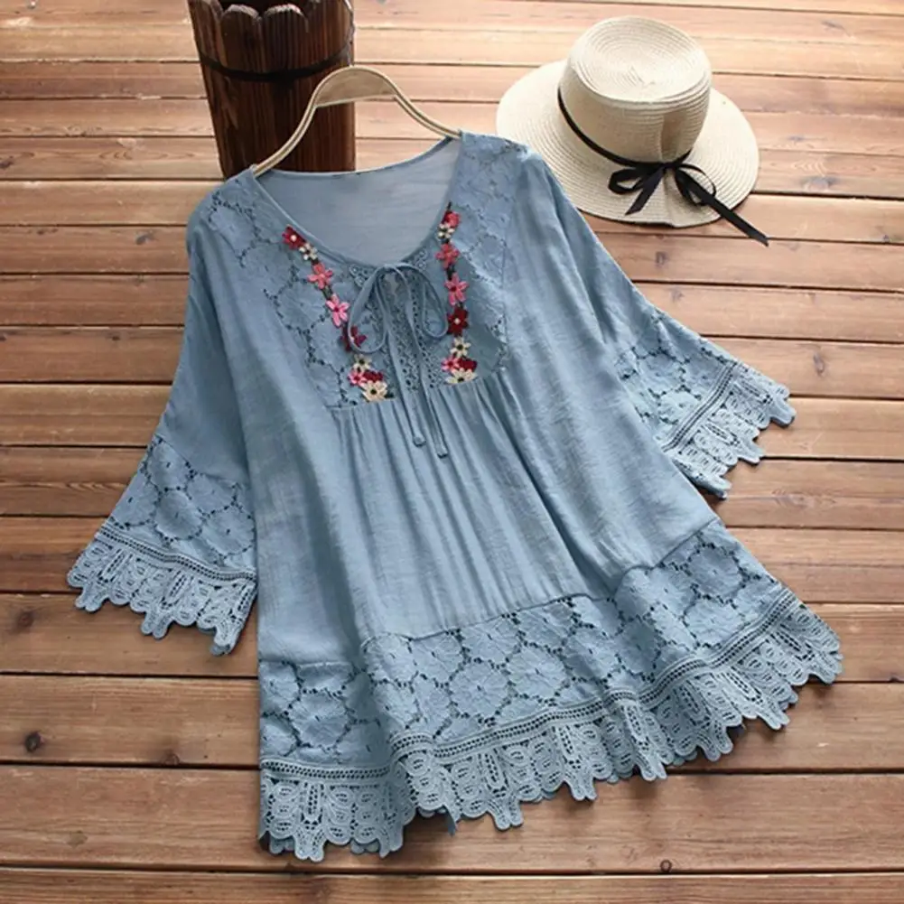 

Three Quarter Sleeve Comfortable Crochet Embroidery Lace Splicing Flower Decor Summer Shirt Female Clothes