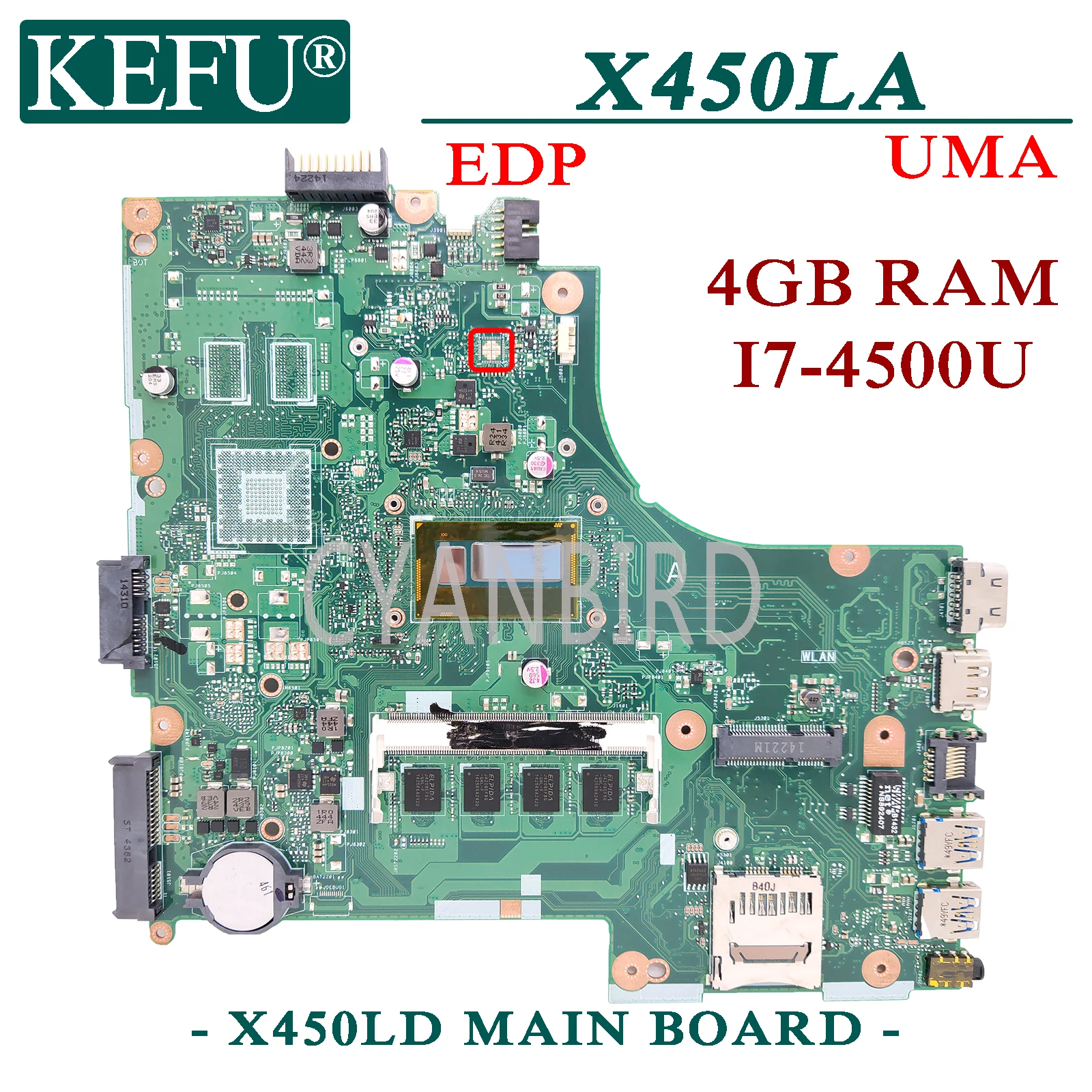 

KEFU X450LD original mainboard for ASUS X450LA (EDP) X450LC X450L with 4GB-RAM I7-4500U Laptop motherboard