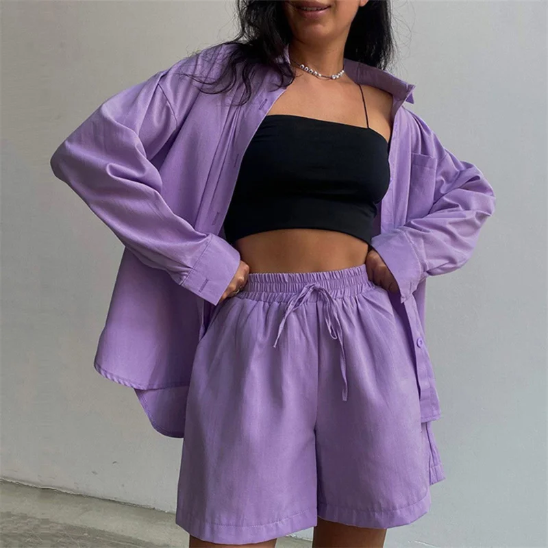

Casual Shorts Tracksuit Long Sleeve Womens Shirts And Hot Waist Shorts Two Pieces Suits Ladies Outfits Summer 2023