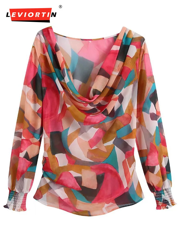 

2022 Women Fashion With Flowing Neck Printed Blouses Vintage Long Sleeve Elastic Cuffs Female Shirts Blusas Tops Chic
