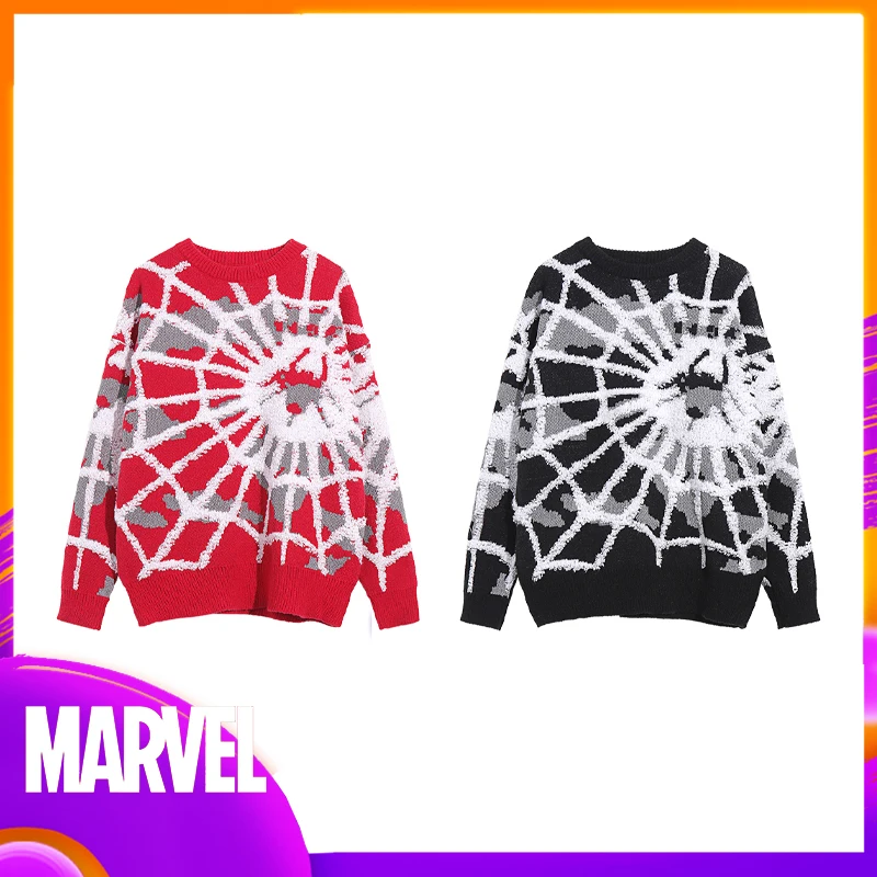 

Marvel Spider Man Sweater Spider Web Jacquard Round Neck Casual Fashion Knitted Sweater Men Women Couples Clothing Tops Gifts