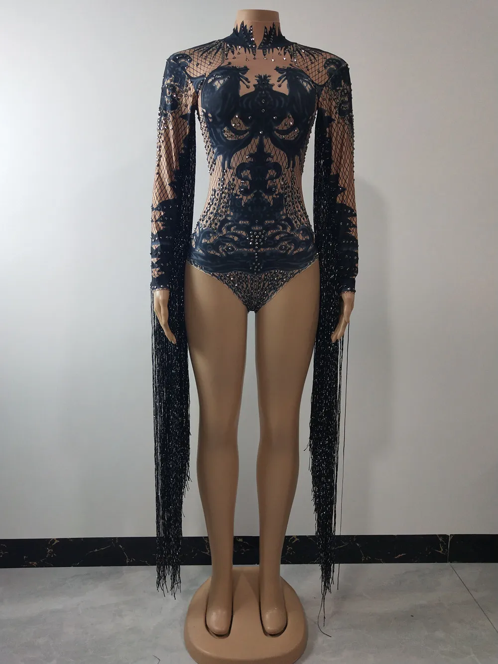 Женский костюм для джазового танца с принтом и стразами боди кисточками бар