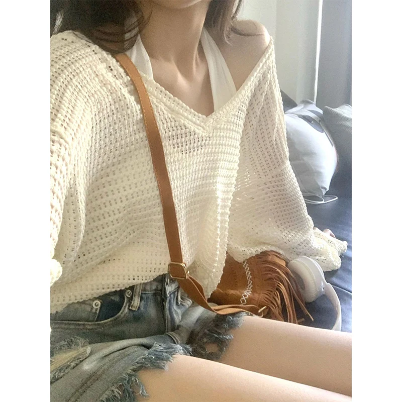 

Summer Long Sleeve Hollow Out Bohemian V-Neck Pullover Sweater Y2k Beach Women Knitted Tops Loose Sunscreen Sueter Mujer