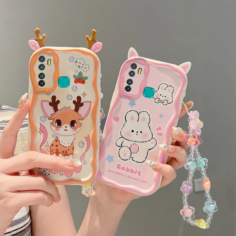 

Cute Ears Creamy Cartoon Animal Wavy Edge With Bracelet Phone Case For Infinix Hot 9 Pro Hot 9 X655 Note 7 Lite X656 Case Cover