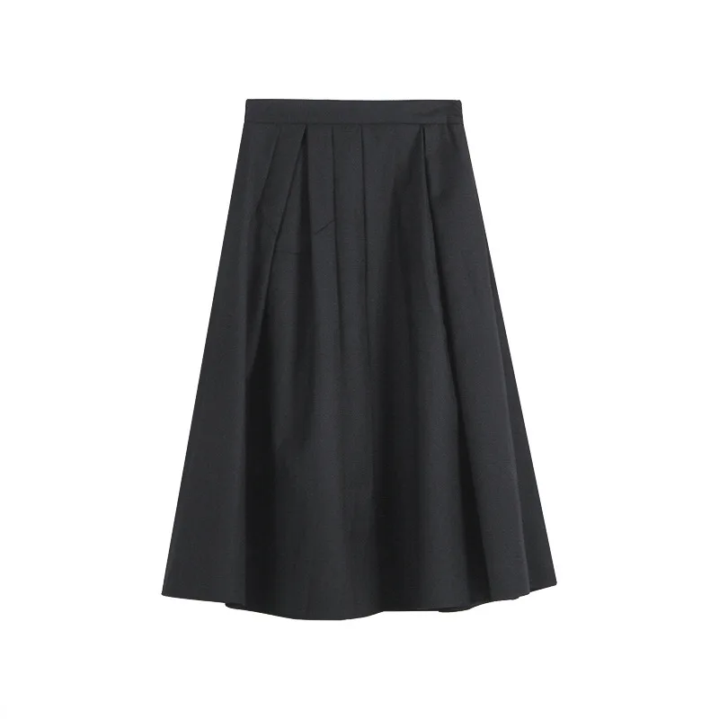 Women's Black Midi Skirt Simple Solid Color High Waist Skirt Female New Autumn Pleated A-Line Skirt 2022 Women's Clothing images - 6