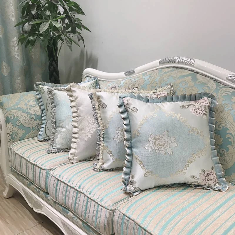 

Blue Sofa Pillow Cover Double-sided Jacquard Cloth Wave Edge Backrest Cushion Sheath Tassels Edge Car Backrest Waist Pillow Case