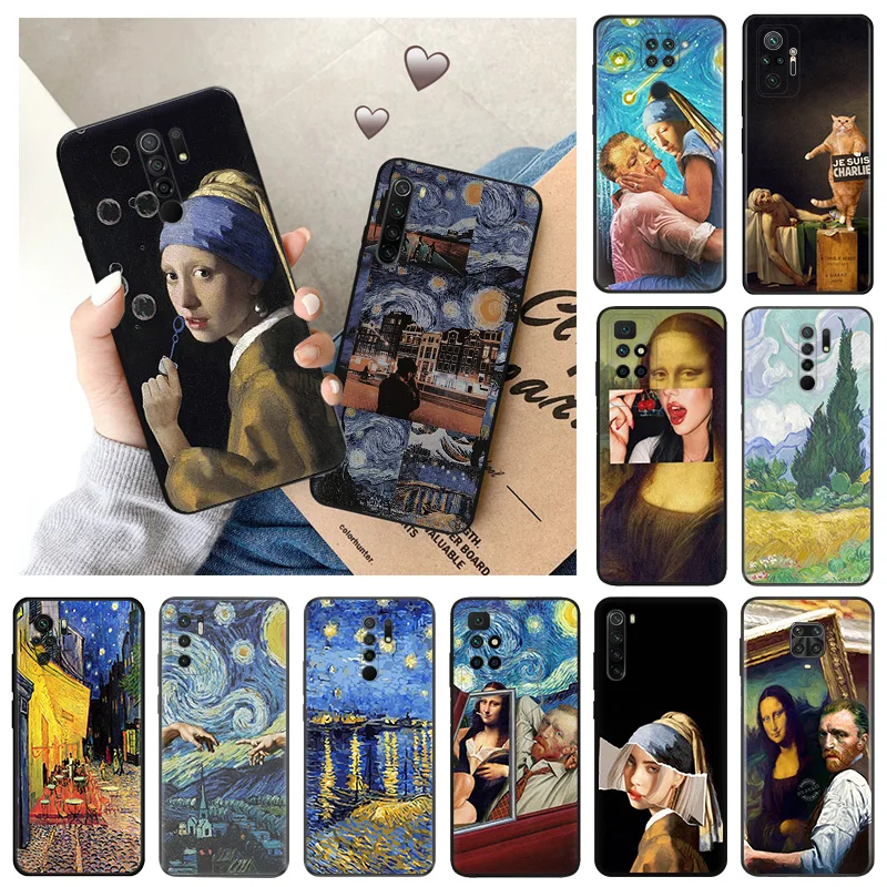 

Soft Phone Cases For Redmi 9a 9i 9c 6 6a 7a 8a k40 Van Gogh Mona Lisa RedmiNote 8T 8 7 9 Pro 9T 9S Black Matte Cover