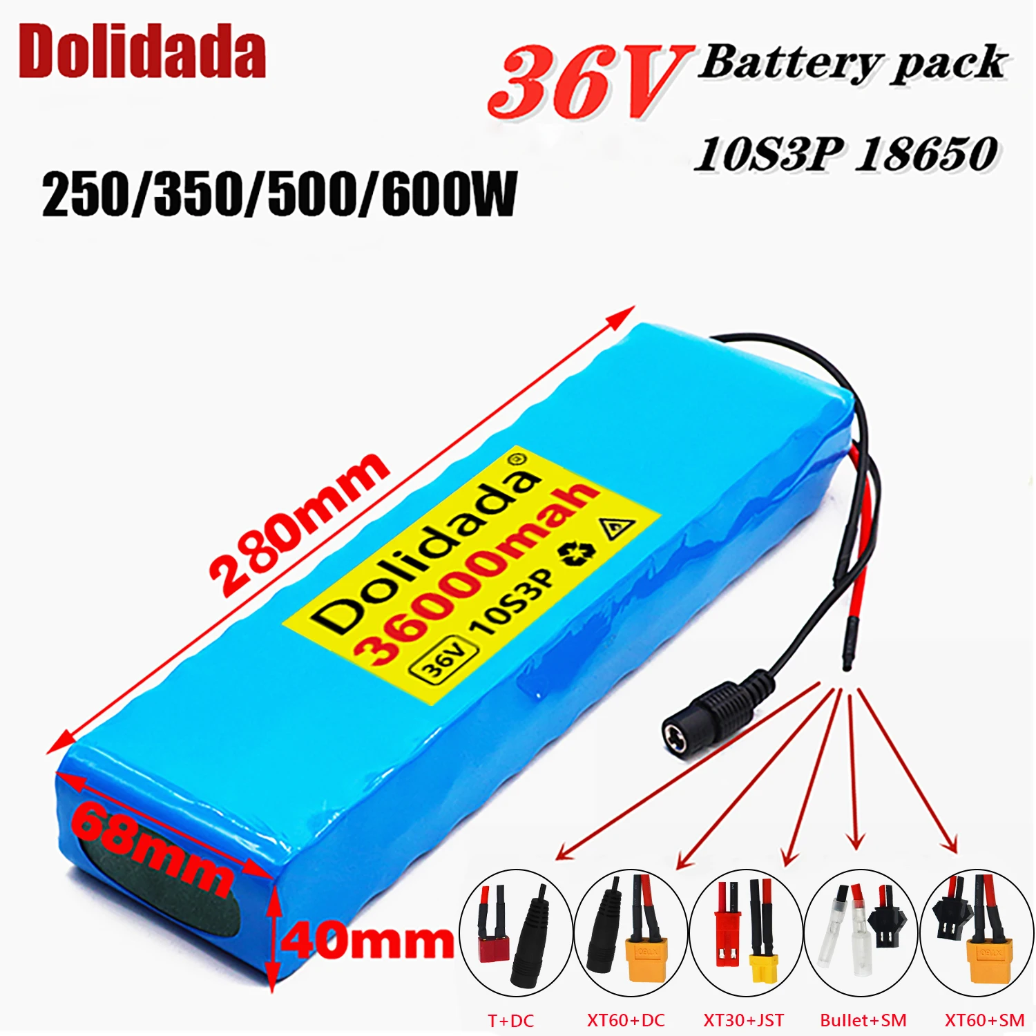 

Dolidada 36V 36Ah 18650 Rechargeable Lithium Battery Pack 10S3P 600W Power Modified Bicycle Scooter Electric Vehicle with BMS