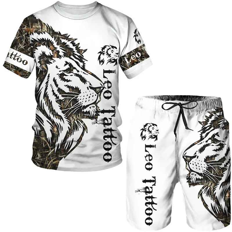 3D Printed Men's T-shirt Suit 2023 Summer Fashion Casual Shorts Tiger White Animal Element Pattern Street Wear Two-Piece Set