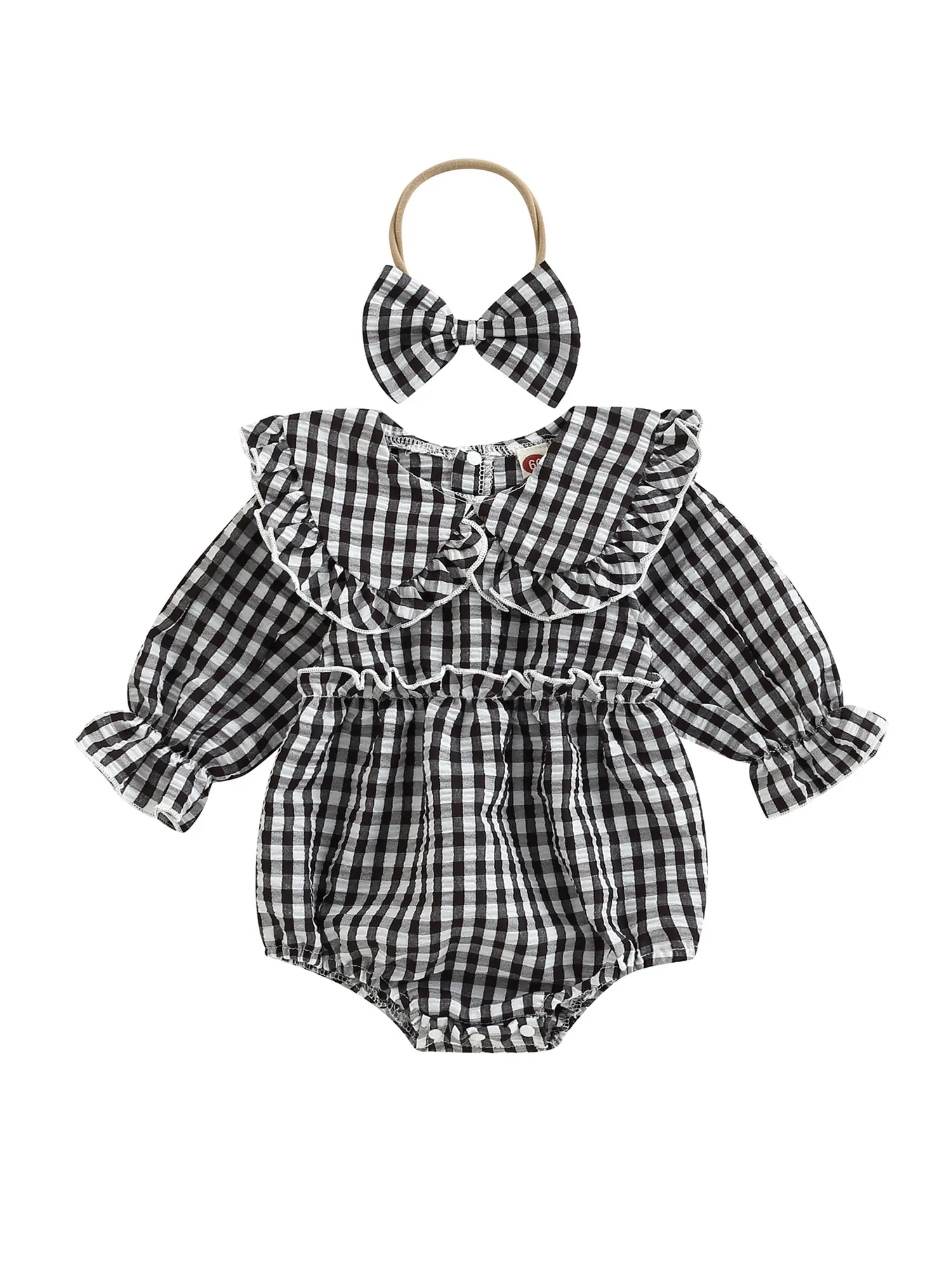 

Autumn Infant Baby Girl Fall Outfit Plaid Collar Long Sleeve Ruffle Bodysuit Hairband Clothes Set 0-18Months
