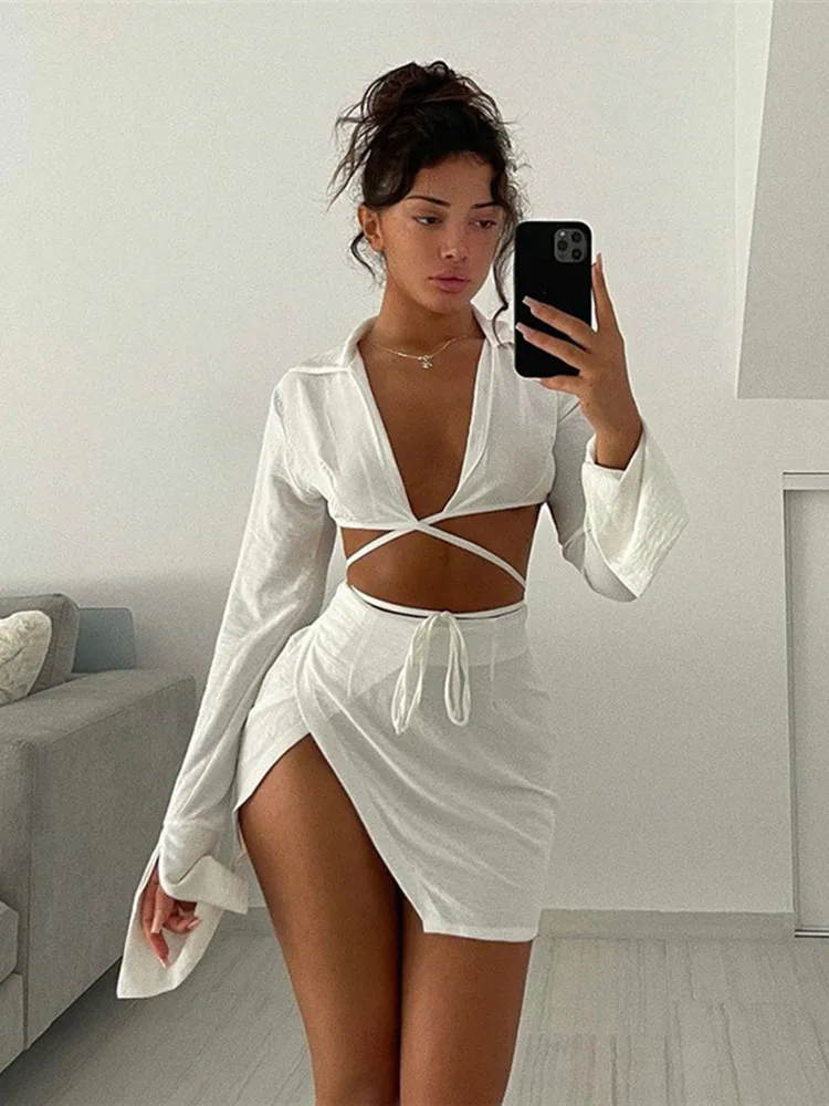 

White V Neck Long Sleeve Crop Top Shirts And Mini Skirts Women Two Piece Set Casual Elegant Party Outfits Club 2022 Summer