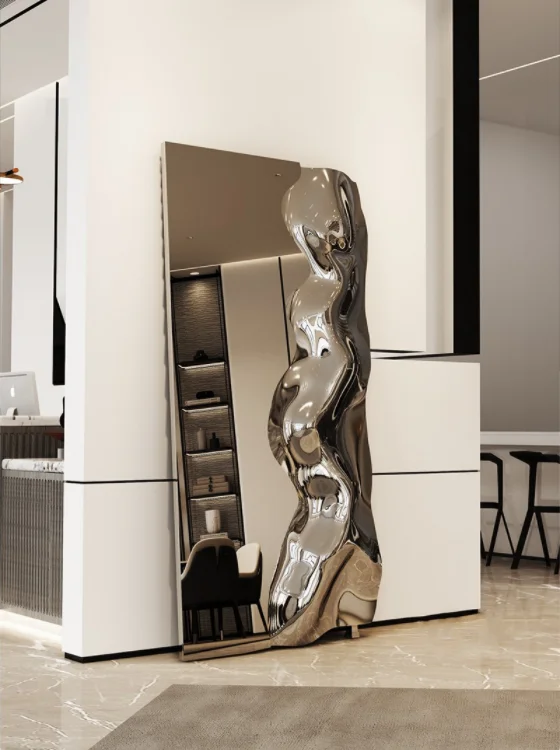 

Model room sofa background wall pendant hotel restaurant corridor porch stainless steel mirror metal wall decoration