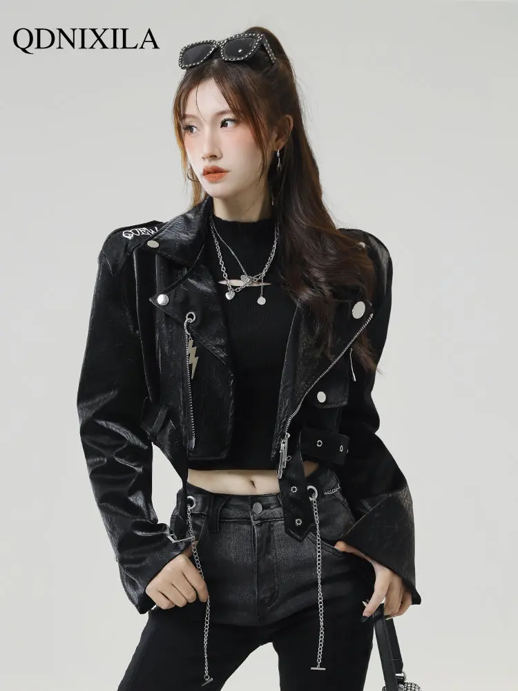 Women's Moto Biker Zipper Jacket Y2k Street Spicy Girl PU Leather Jacket Short 2023 Spring Jacket Women New Outerwear Top Women