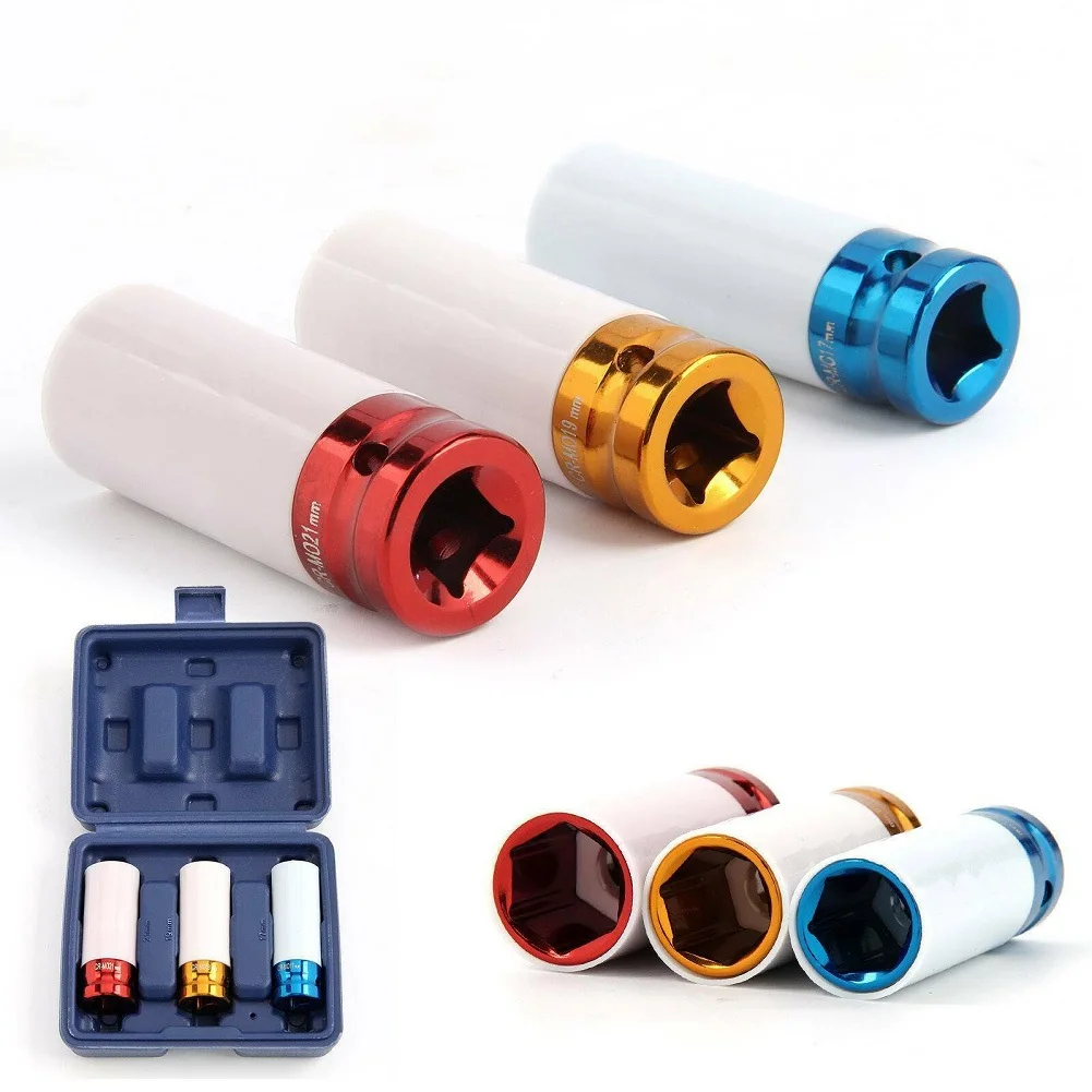 

3pcs 17mm/19mm/ 21mmColorful Sleeve Tire Protection Sleeve Wall Deep Impact Nut Socket High-carbon Steel Wheel