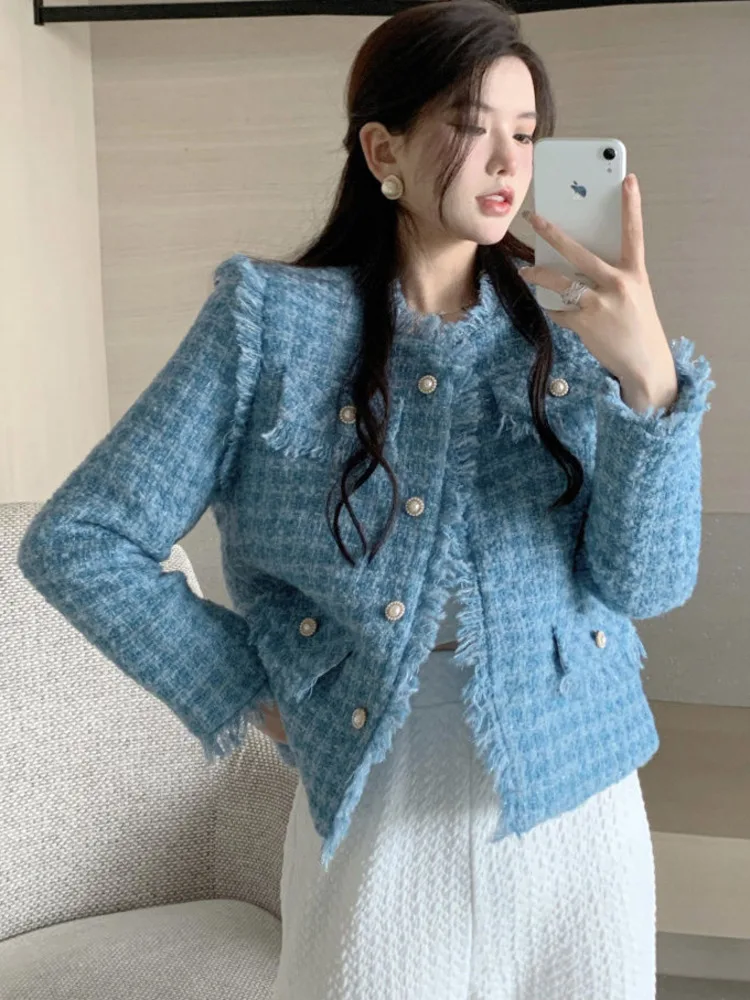 

High Quality French Vintage Small Fragrant Tweed Jacket Coat Women Korean Loose Casaco Feminino Autumn Winter Tassel Outwear