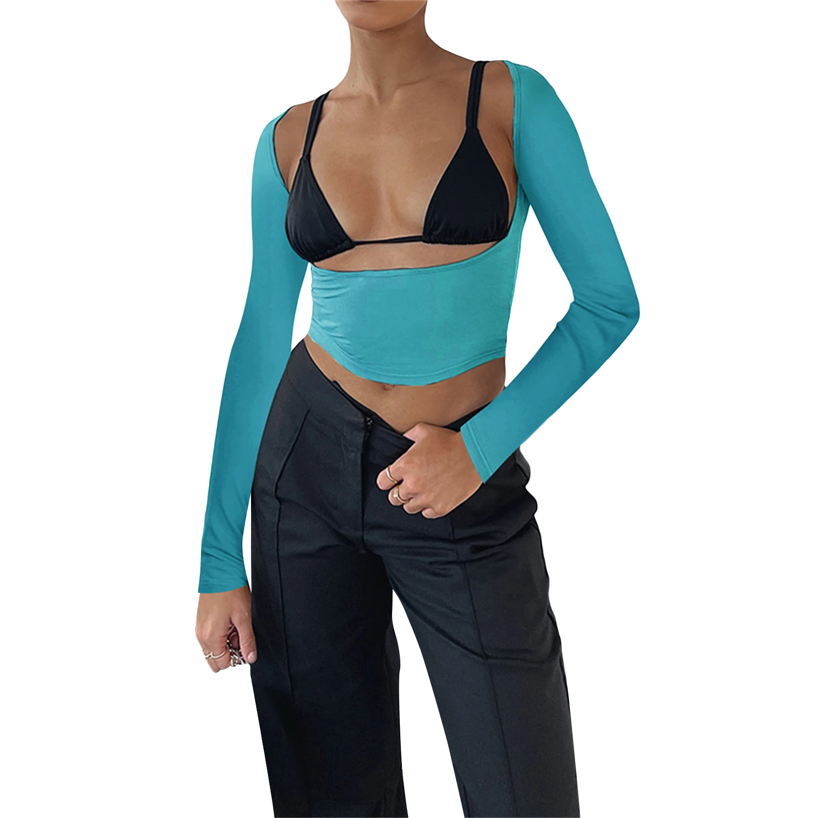 Женские укороченные топы с длинным рукавом Однотонная футболка круглым вырезом