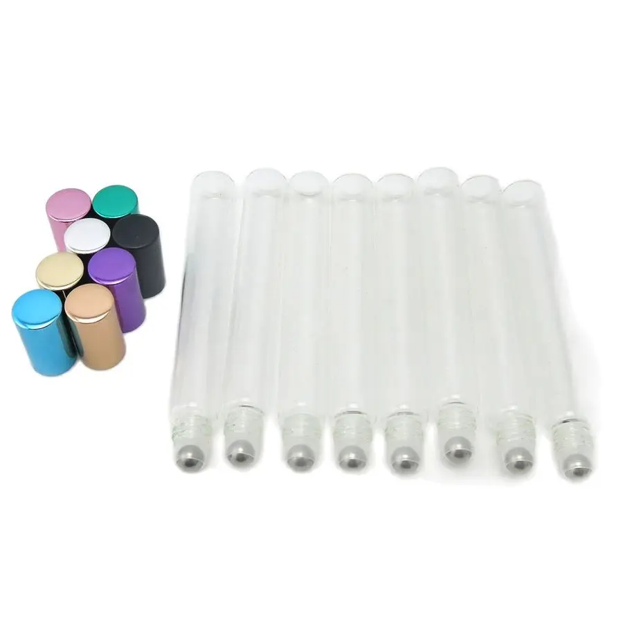 

Lovely Design 10 X 12ml clear tubular roll on perfume bottle with metal ball and colorful lids