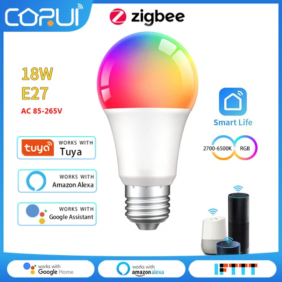 

CoRui Tuya Zigbee3.0 Smart Light Bulb RGBCW 18W Color Changing LED Light E27 110V 220V Smart Life APP Alexa Google Home