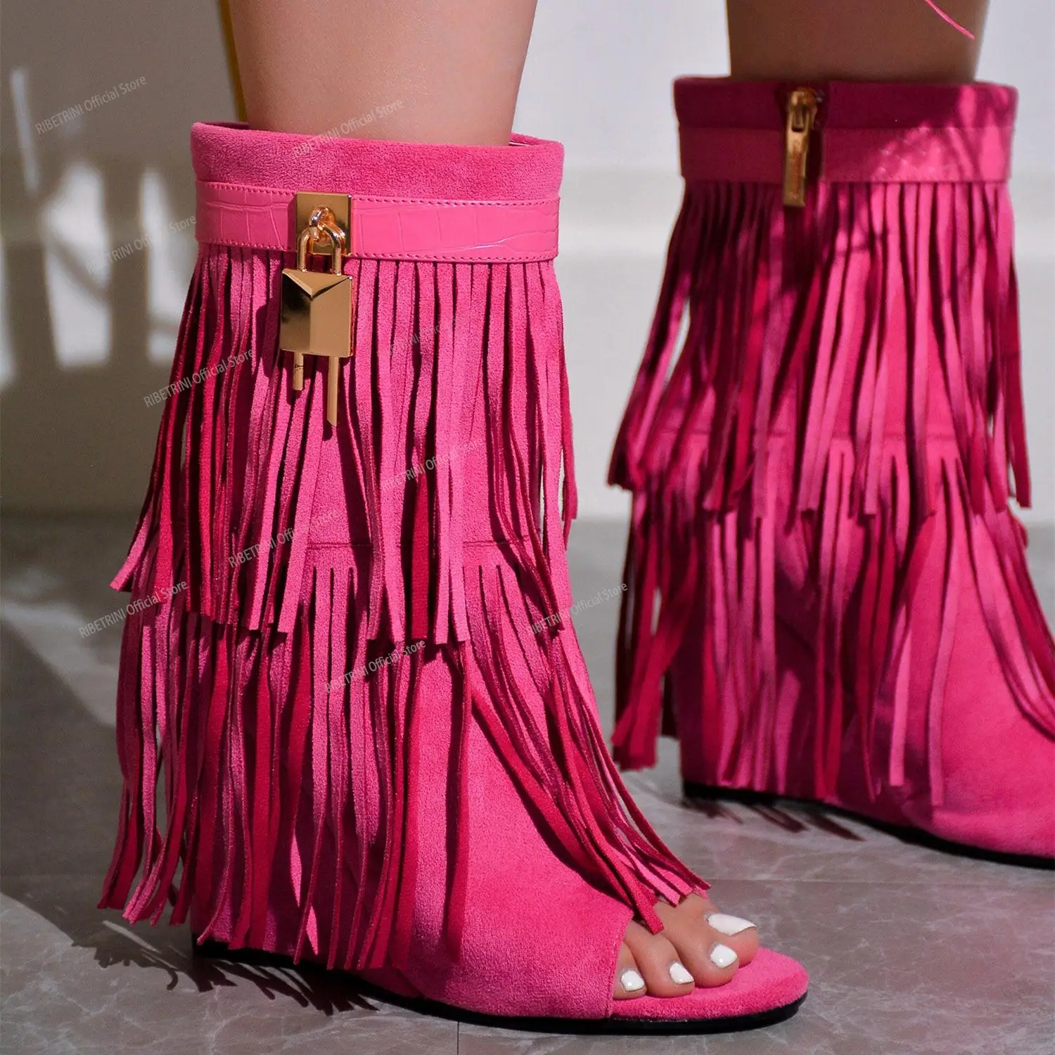 

2023 Summer Boots For Women Open Toe Tassel Fringe Fashion Roman Sandal Metal Decoration Wedges Boots Shoes Bohimian Vintage