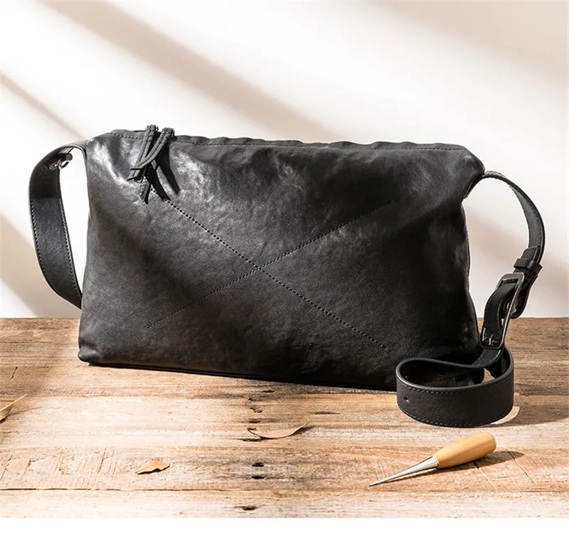Simple luxury high quality genuine leather men's black shoulder bag outdoor travel natural first layer cowhide shoulder bag