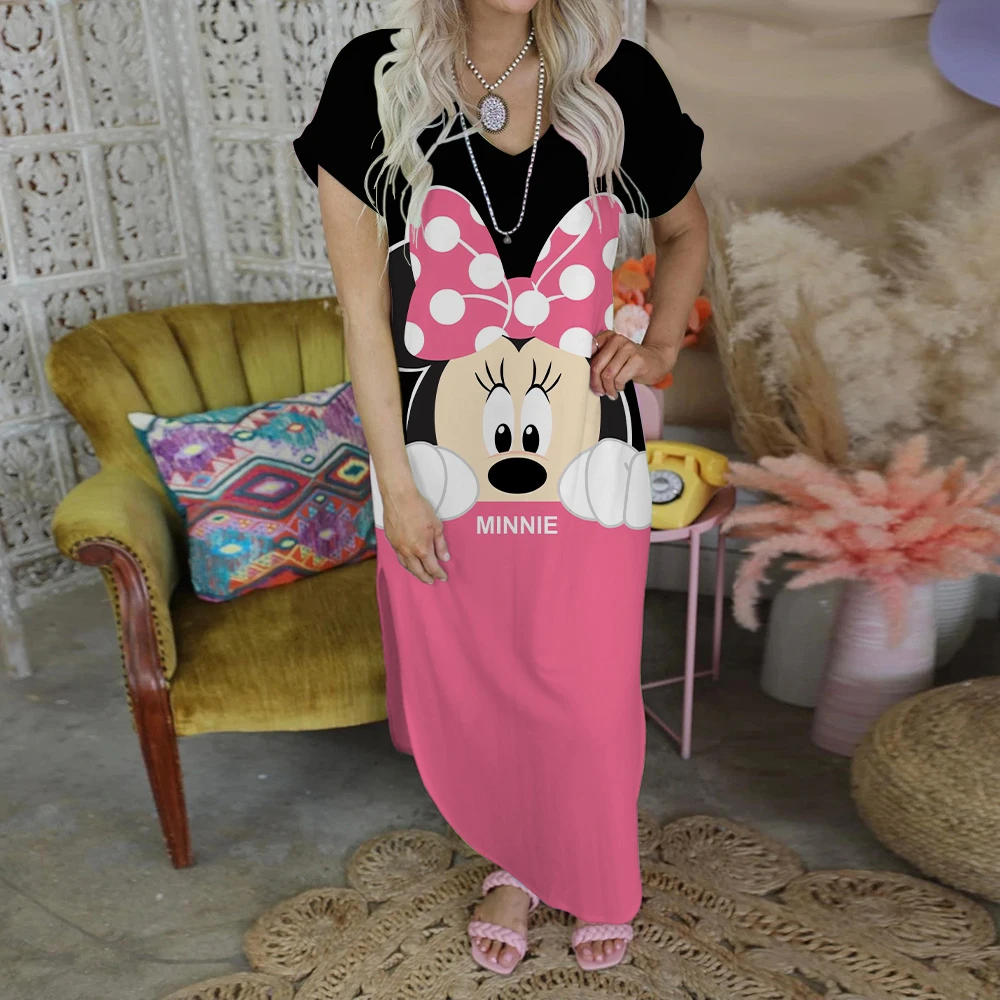 Party Dresses for Women 2022 Disney Minnie Mouse Long Dress Print Robe Split Skirt Mickey V-Neck Elegant Casual Women's Dresses