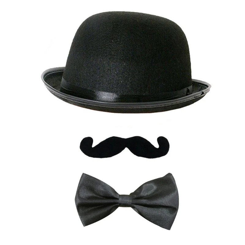 Vintage Magician Hat Women Men Show Cosplay Faux Moustache Bowtie Detective Set