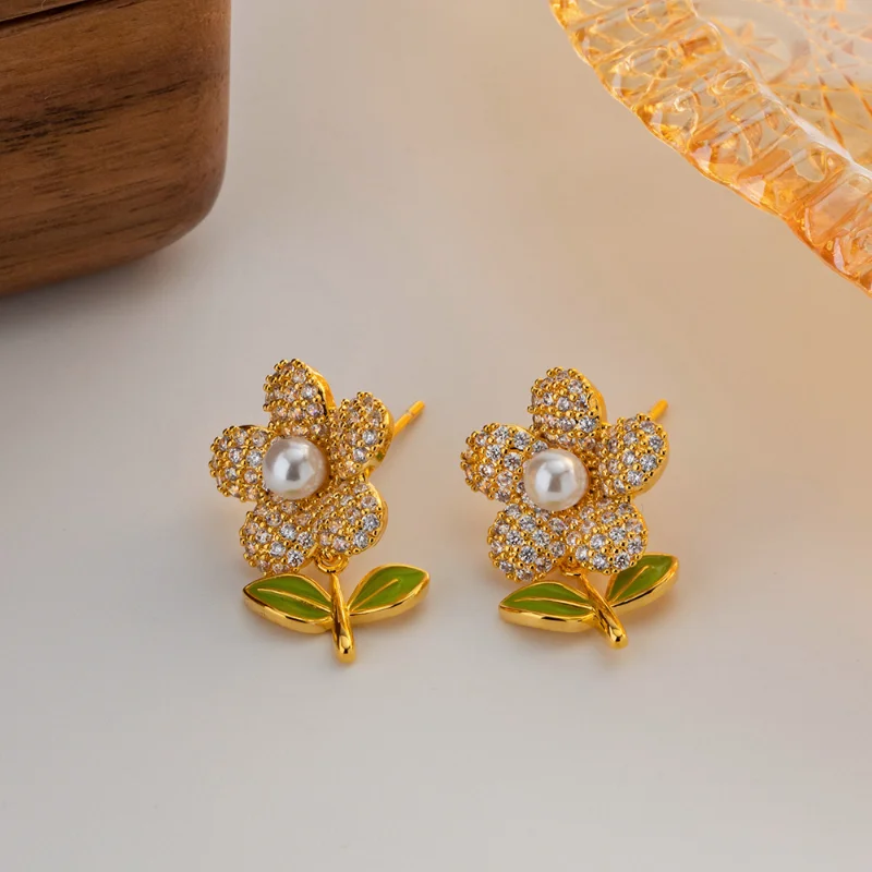 

Minar INS Fashion Sparkly Full CZ Zircon Flower Dangle Earrings for Women Femme Stainless Steel Pearl Enamel Earring Oorbellen